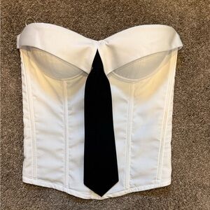 Guizio White Corset Top with Black Tie Accent